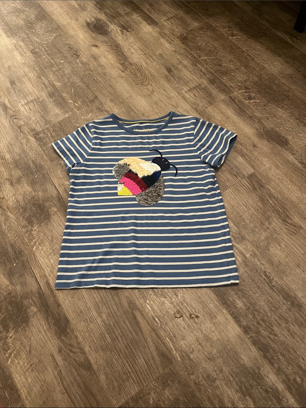 Mini Boden Blue & White Stripe Tee with Colorful Sequin Bee.  Size 9-10